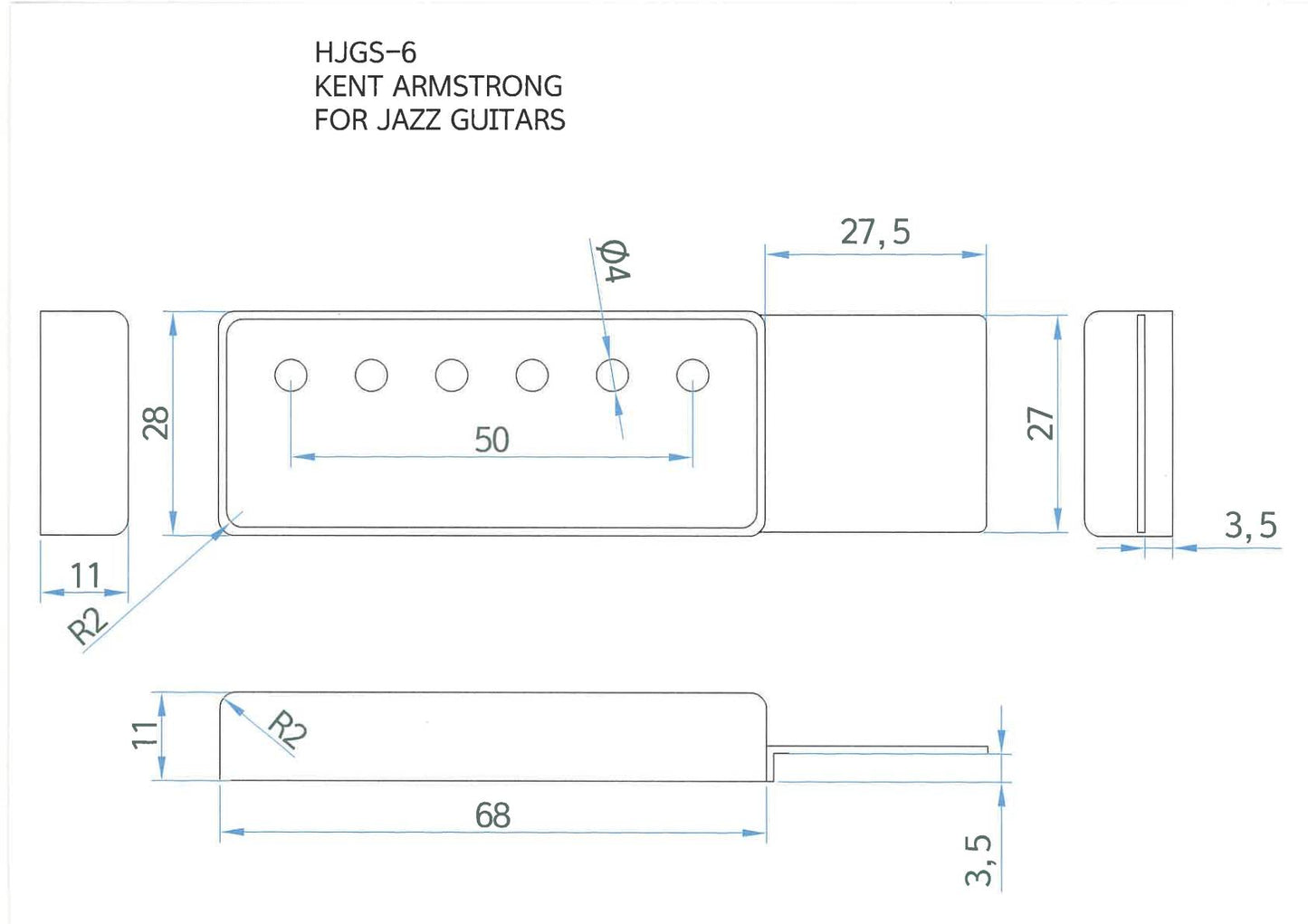 Jazzy Joe Jazz Guitar Pickup with Adjustable Polepieces Pickguard Mount